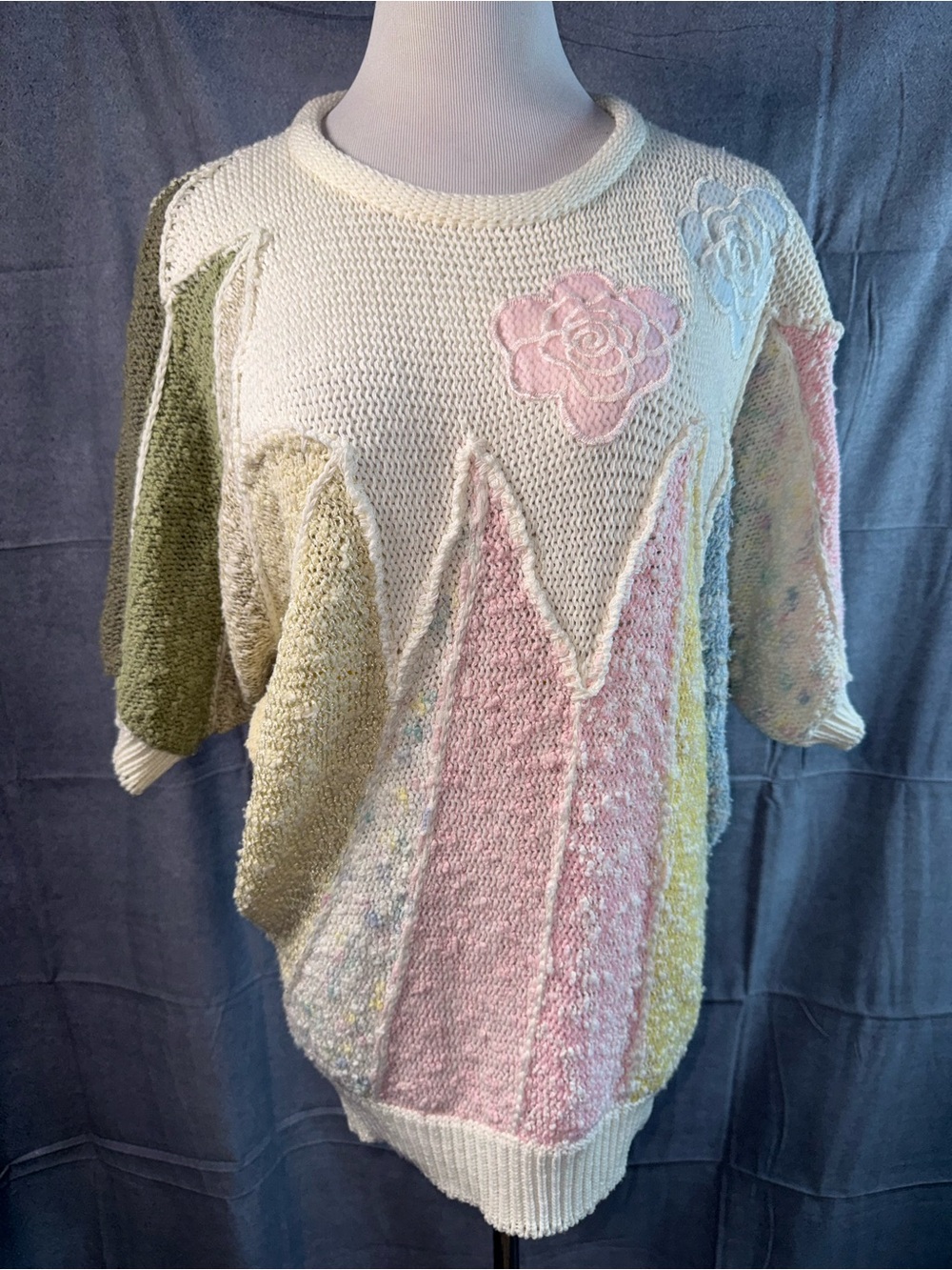1269-Vintage Rochelle Pastel Patchwork Crewneck Sweater in Cream, Pink & Sage